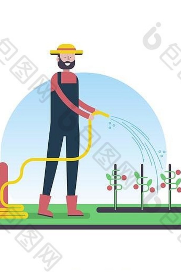 快乐的农夫用蔬菜浇灌有机花园植物。农场人物的现代平面风格插图。EPS10载体。