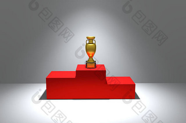 红色领奖台上金色奖杯的3D渲染