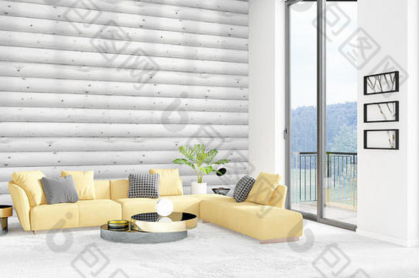 全新的白色阁楼卧室简约风格的室内设计，带有临摹空间的墙壁和窗外的景观。三维渲染。