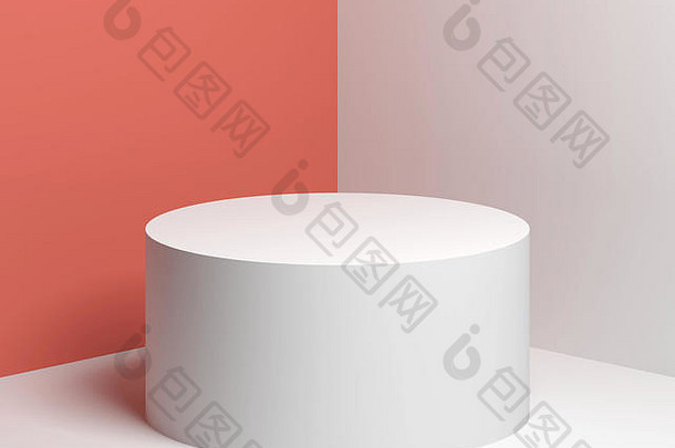 粉色和白色墙壁背景上的白色圆柱形平台，3d渲染插图