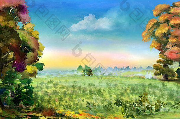 田园景观美丽的场(2008年)早期秋天数字绘画背景插图