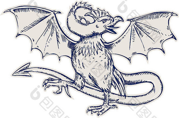 蚀刻手工制作的蛇怪、公鸡头、蝙蝠翅膀和蛇形尾部的插图，在孤立的背景上以箭头结束。