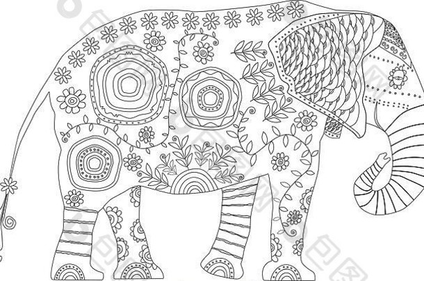 装饰大象成人抗应激着色页面黑色的白色插图着色书