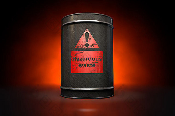 黑色的金属桶红色的危险浪费标签黑暗孤立的背景