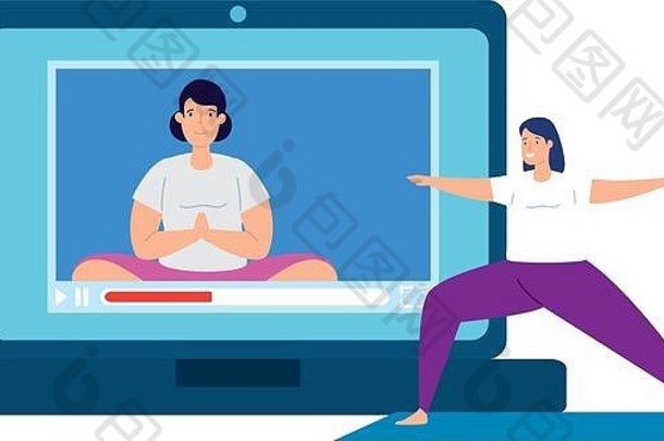 笔记本电脑设备，应用瑜伽在线，健康生活方式