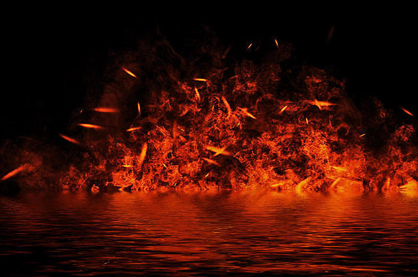 大火火火焰纹理覆盖孤立的背景水反射