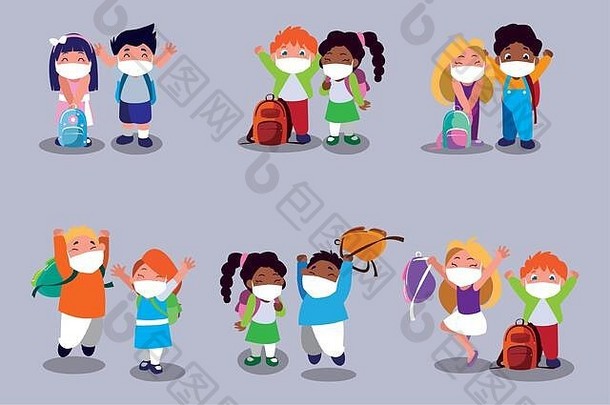 一套带口罩和书包的女孩和男孩儿童动画片新冠肺炎19型病毒主题载体插图设计