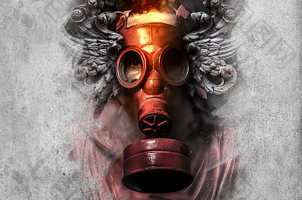有毒的一个戴着防毒面具的人在烟雾中。艺术背景