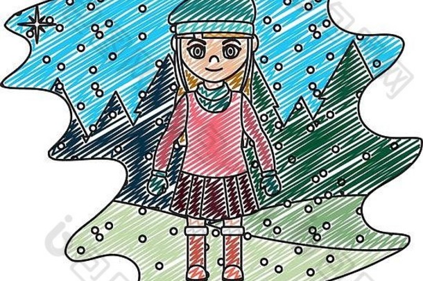 涂鸦女孩冬天衣服下雪天气