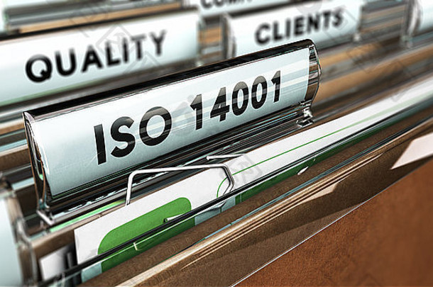 用ISO14001这个词在文件标签上特写，关注主文本和模糊效果。用于质量说明的概念图