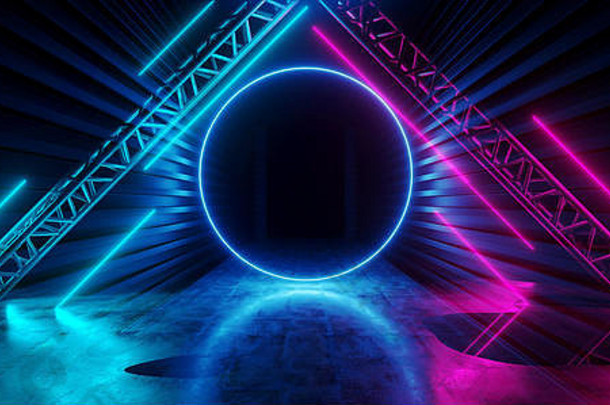 霓虹灯黑暗阶段建设发光紫色的蓝色的复古的现代sci未来主义的未来隧道走廊走廊难看的东西混凝土反射形状荧光