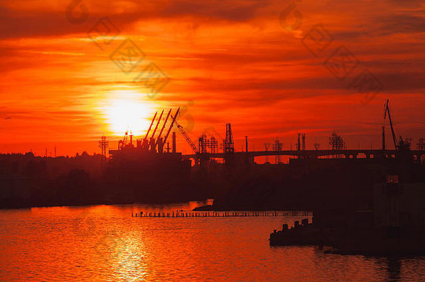 日落时瓦尔纳港起重机和货船的黑色剪影
