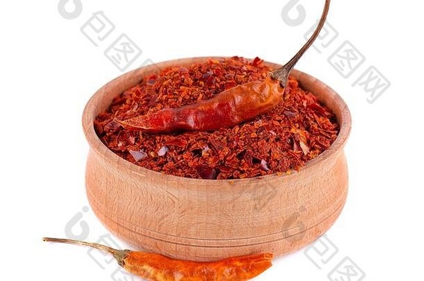 干压碎辣椒胡椒片孤立的白色背景红色的辣椒胡椒木碗