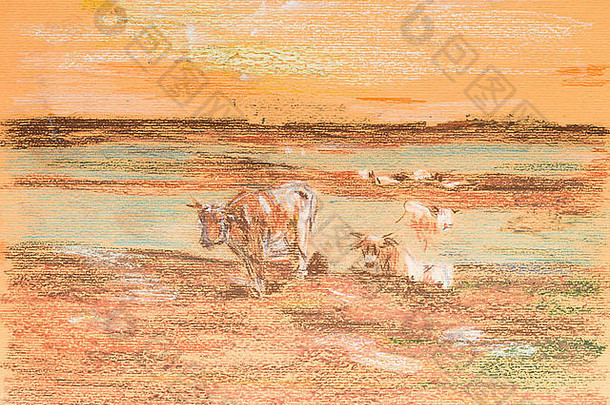水牛过河的手绘彩色插图
