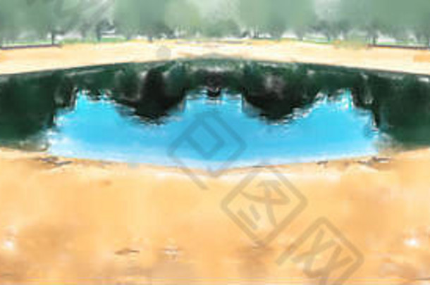 水彩插图绿松石湖圆海滩黄色的沙子结束夏天