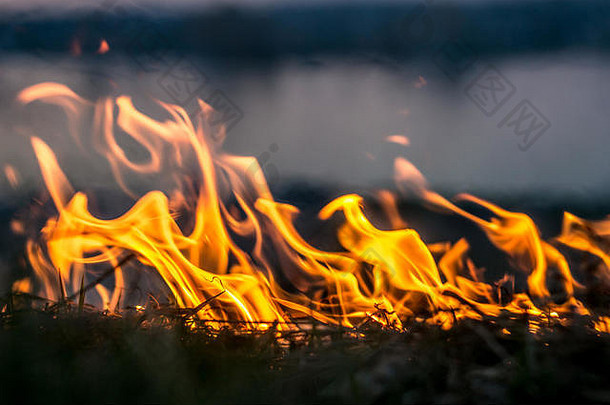 火的火焰在黄昏的田野里把草烧着，化为煤烟和灰烬