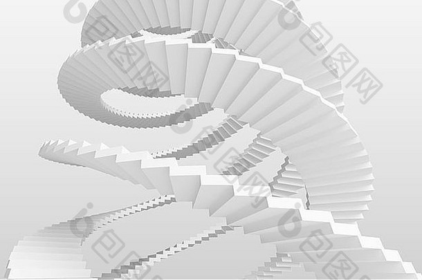 灰色背景上的白色螺旋楼梯。3d插图