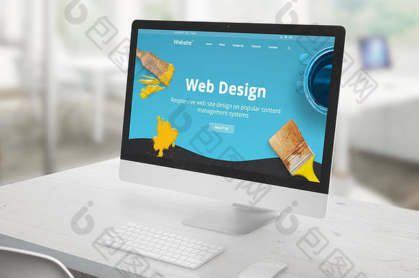 网页设计工作室概念，办公桌上有电脑显示屏，屏幕上有现代平面的网页设计工作室演示，带有画笔和彩色水滴。