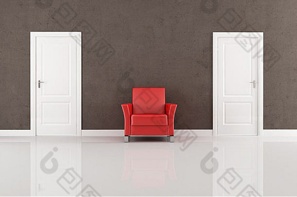 两扇白色封闭门和一把红色扶手椅，采用极简<strong>室</strong>内设计——<strong>效果图</strong>