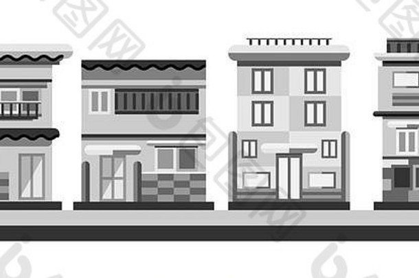 日本风格房子城市建筑灰度颜色平插图