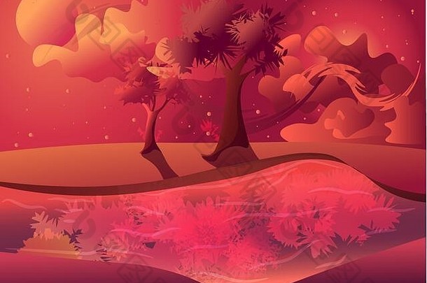 一幅明亮天空的平面插图，生动的珊瑚色反射到湖水中。暮色中春夏日落的神奇景观