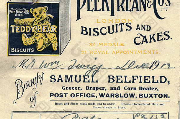 Billhead广告公司Peak Frean的泰迪熊饼干1912