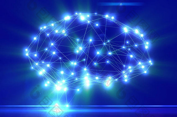 人工智能的多边形大脑形状，在深蓝色背景上有线条、发光点和阴影。3D渲染。