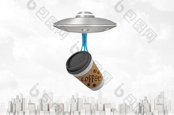 呈现浅灰色不明飞行物飞行现代城市携带纸咖啡杯挂蓝色的黏糊糊的黏液不明飞行物