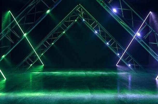 霓虹灯发光三角形绿蓝色金属结构混凝土隧道走廊大厅工作室网络宇宙飞船复古现代科幻未来主义激光3D Rend