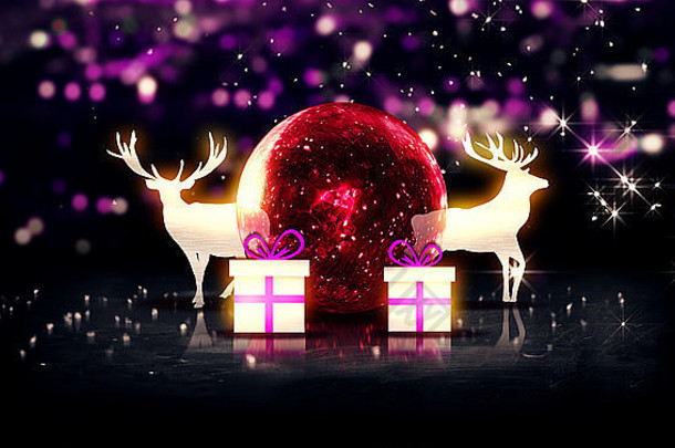 红色水晶饰品圣诞鹿礼物3D bokeh背景