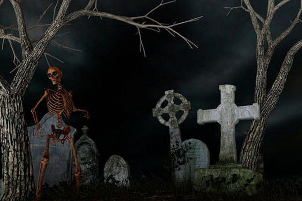 骨架令人毛骨悚然的墓地晚上呈现