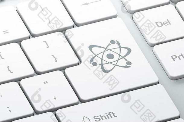 科学概念：计算机键盘背景上的分子