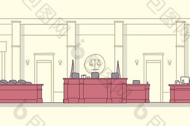 空荡荡的带木制家具的法庭法官和秘书工作场所陪审团席现代法院内部司法和法理学概念