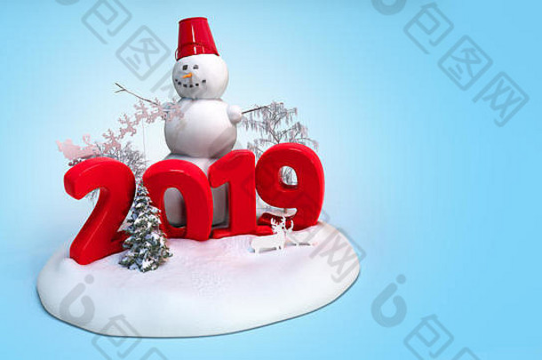 2019年新年雪岛与雪人和树木3d渲染蓝色