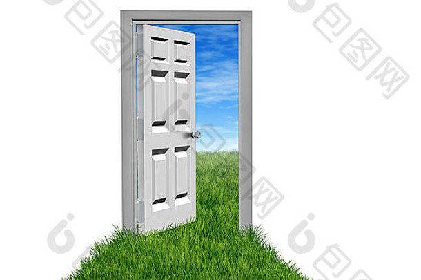 新的机会是目标和抱负，背景为白色，门上有草地和通往suc的敞开大门