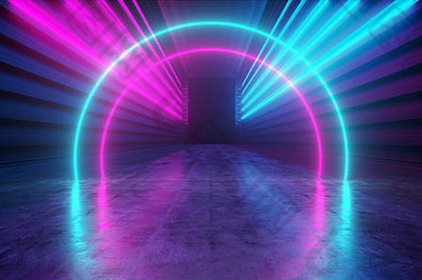 未来主义的霓虹灯黑暗阶段建设发光紫色的蓝色的复古的现代sci未来隧道走廊走廊难看的东西混凝土反射形状fluores