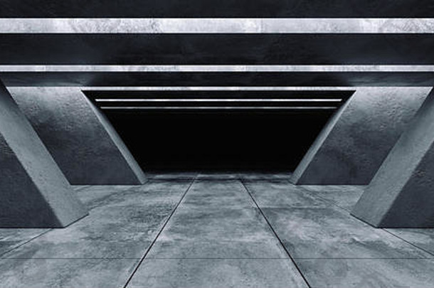 现代未来主义混凝土背景垃圾空旷黑暗空间车库大厅隧道走廊太空船粗糙纹理发光白光画廊3D效果图
