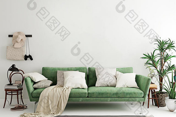 模拟墙橄榄绿色现代室内背景生活房间斯堪的那维亚风格渲染插图