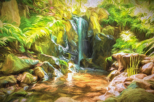 丛林中的小瀑布油画，神奇的地方。使用各种数字技术手动创建。