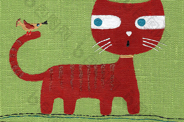 快乐的孩子在织物上画画，猫