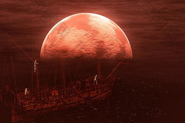 骨架鬼帆船背景红色的月亮