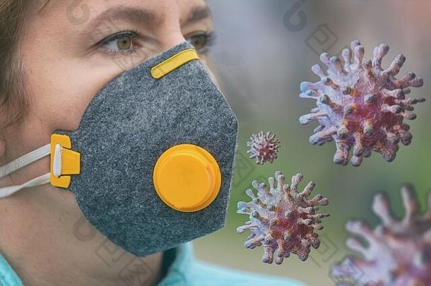 女人在外面戴着真正的防污防毒口罩。2019冠状病毒疾病流行概念