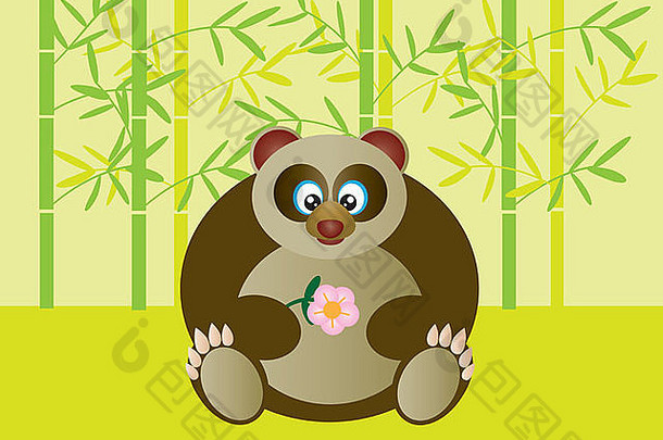 可爱的熊猫坐在竹林里拿着花插画