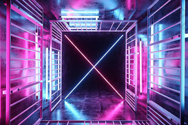 sci未来主义的外星人充满活力的霓虹灯发光的紫色的蓝色的管灯金属矩形结构黑暗空难看的东西混凝土隧道走廊