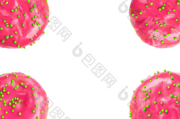 白色背景上隔离的粉色釉面甜甜圈框架