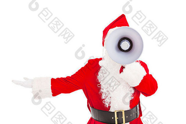 圣诞老人老人持有扩音器显示手势