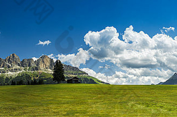 Colbleggio meadow的Dolomiti、Catinaccio和Latemar全景图