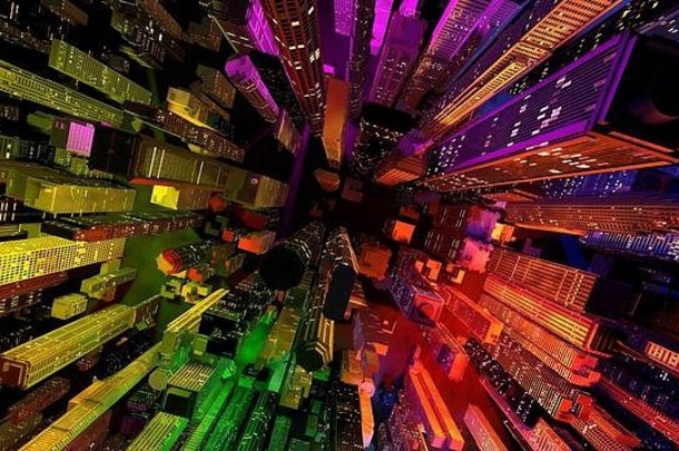 现代城市基斯色彩斑斓的光影响晚上插图概念大现代城市一年的夏娃生动的大气