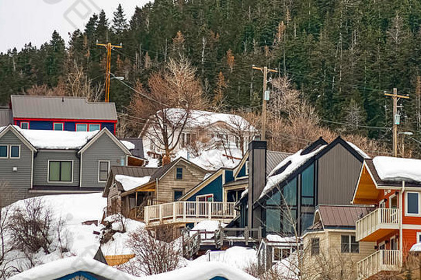 全景框架山房屋雪覆盖屋顶里面松柏科的树多云的天空