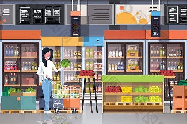 超市女人客户购物电车车购买蔬菜杂货店市场室内平水平